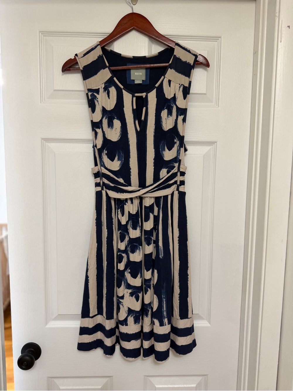 Maeve Navy and Cream Keyhole Midi Dress